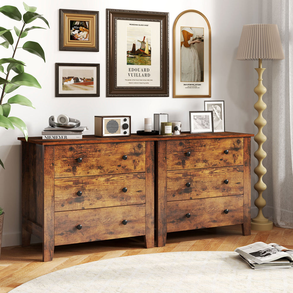 Two 3-drawer brown dressers with sturdy construction and tapered legs, perfect as bedside tables for added storage.