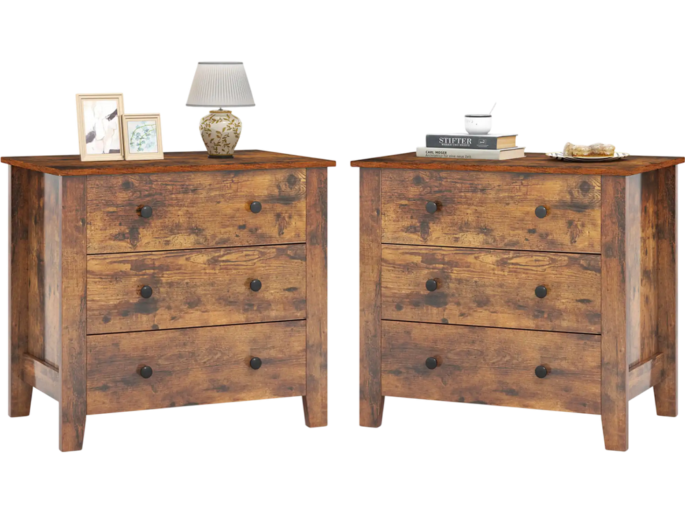 Two brown 3-drawer dressers with sturdy construction and tapered legs, perfect as bedside tables for added storage.
