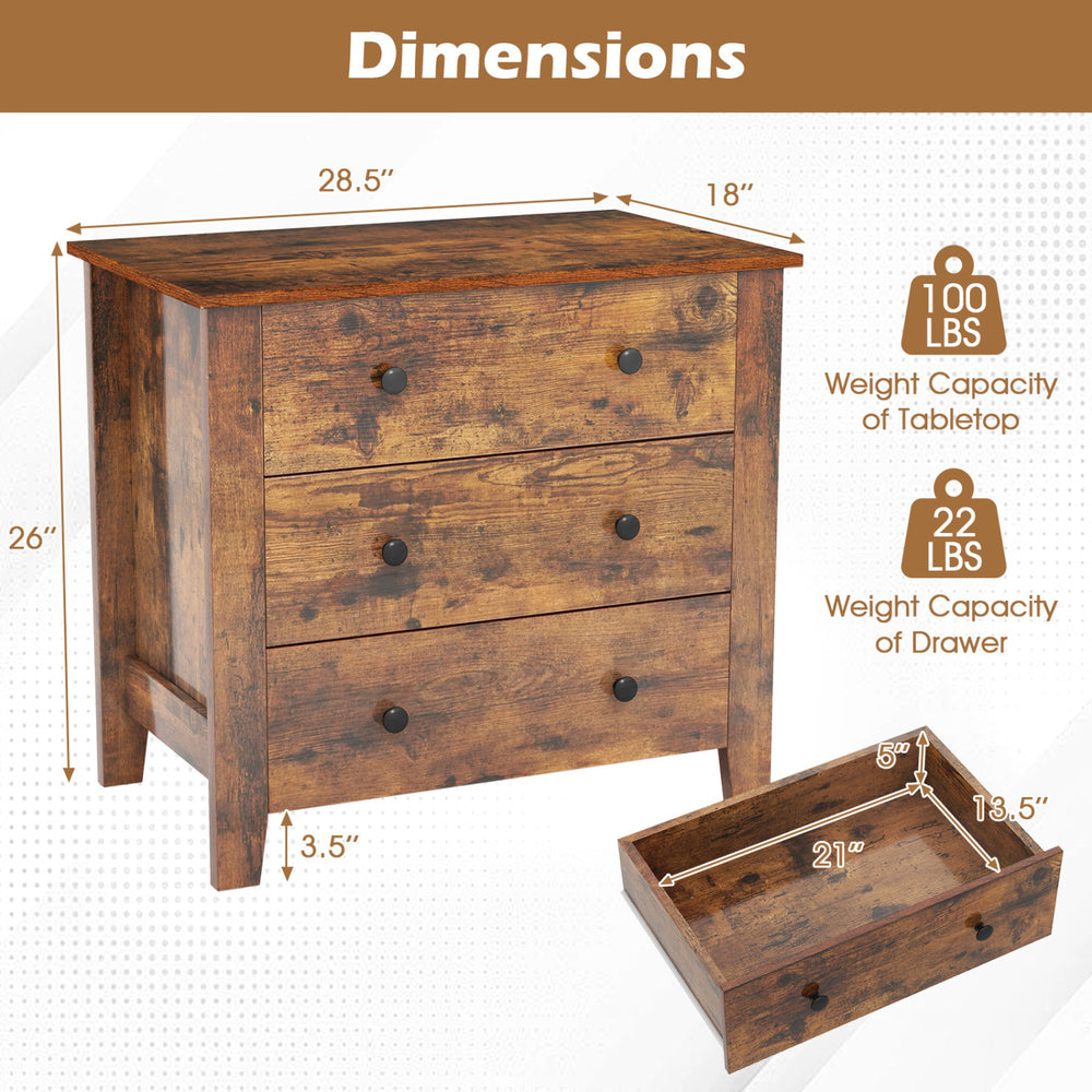 Three-drawer wooden dresser chest in brown with tapered legs, ideal for bedside storage and enhancing room aesthetics.