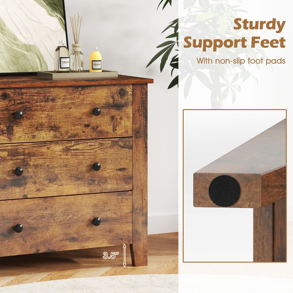 Brown 3-drawer dresser chest features sturdy tapered legs and non-slip foot pads for enhanced stability and security.