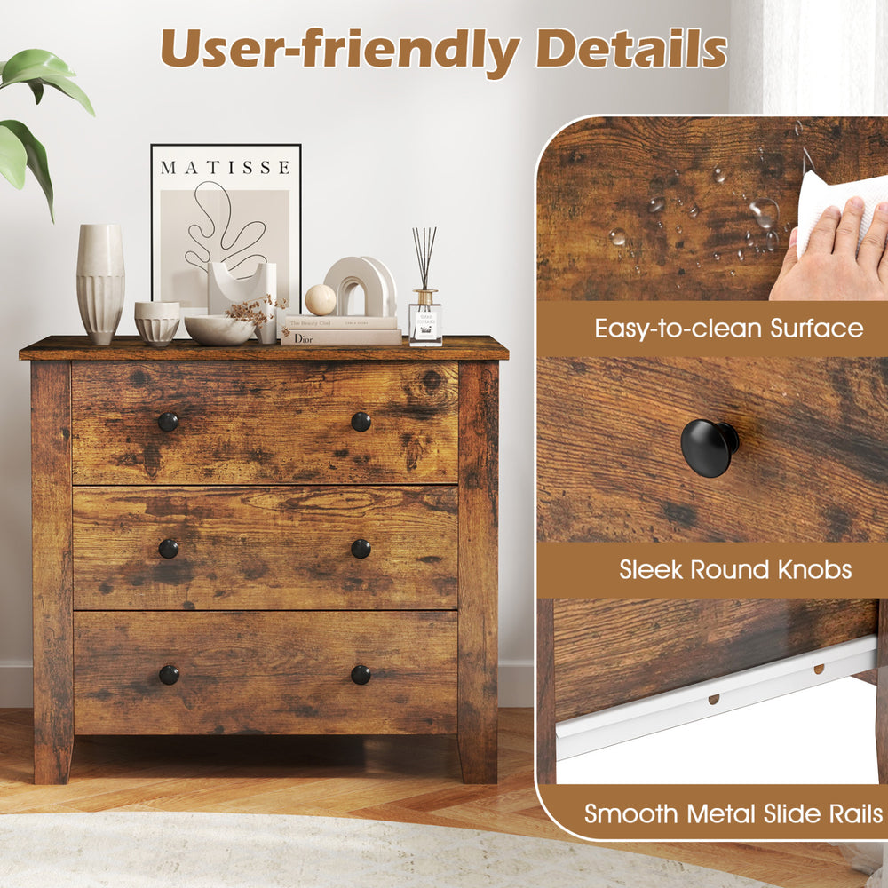 Brown 3-drawer dresser chest with sleek round knobs and easy-to-clean surface, perfect for bedside or accent table use.