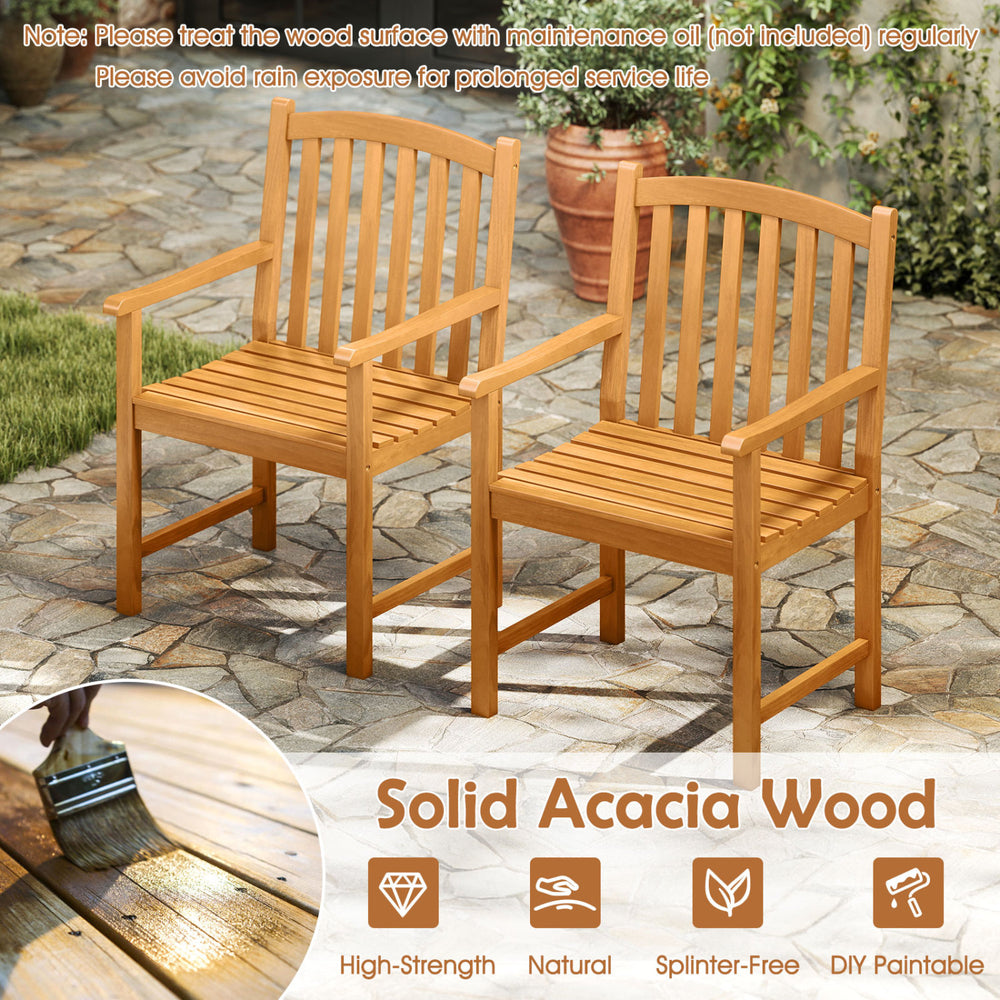 Two armchairs made of solid acacia wood, featuring slatted seats and ergonomic backs, perfect for outdoor dining.