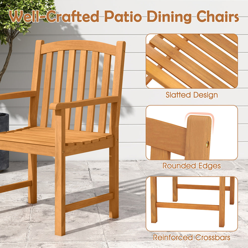 Well-crafted acacia wood patio dining chair features slatted design, rounded edges, and ergonomic armrests for comfort.