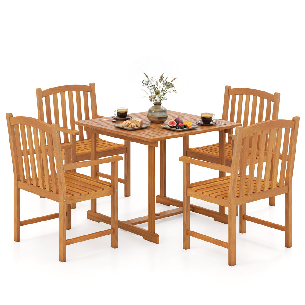 5-piece outdoor square patio dining set with acacia wood table and armchairs, perfect for backyard gatherings.