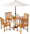 5-piece outdoor square patio dining set for 4 featuring a solid acacia wood table and ergonomic armchairs for comfort.