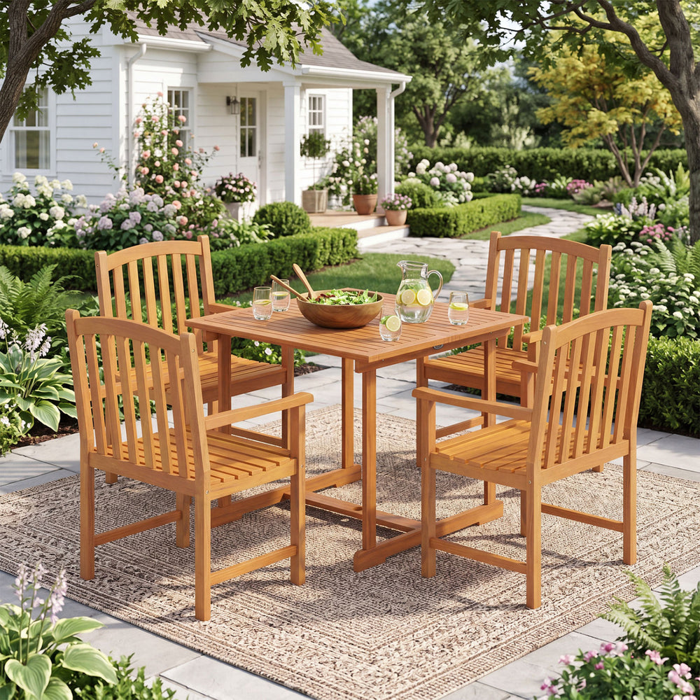 5-piece outdoor square patio dining set with acacia wood table and armchairs, perfect for backyard meals.