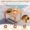 Square acacia wood dining table with slatted design, suitable for outdoor use, perfect for backyard gatherings.