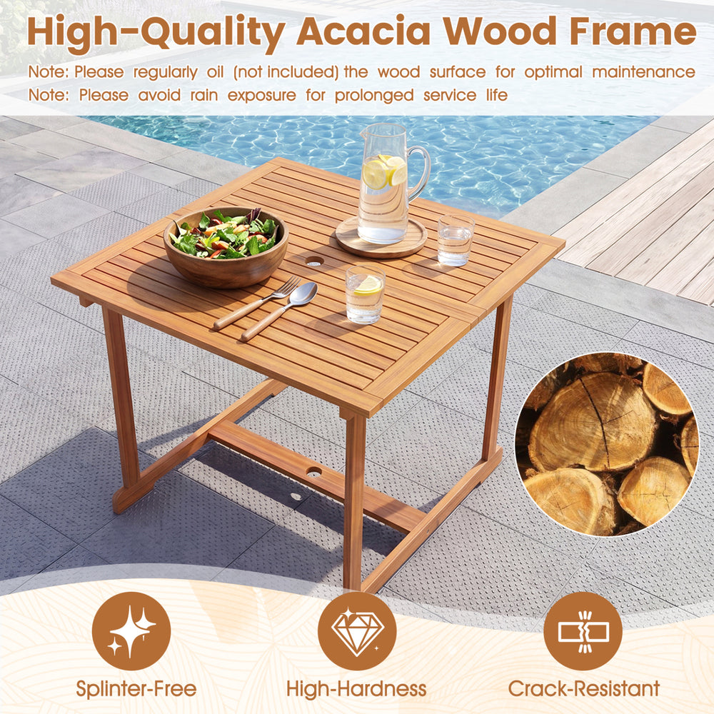 Square acacia wood dining table with slatted design, suitable for outdoor use, perfect for backyard gatherings.