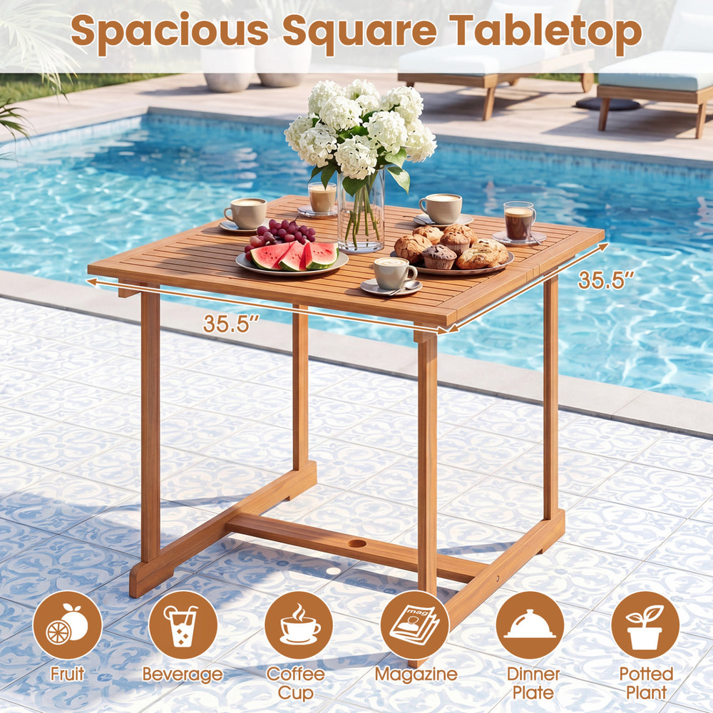 Square acacia wood tabletop measuring 35.5” offers ample space for dining, perfect for outdoor patios and decks.