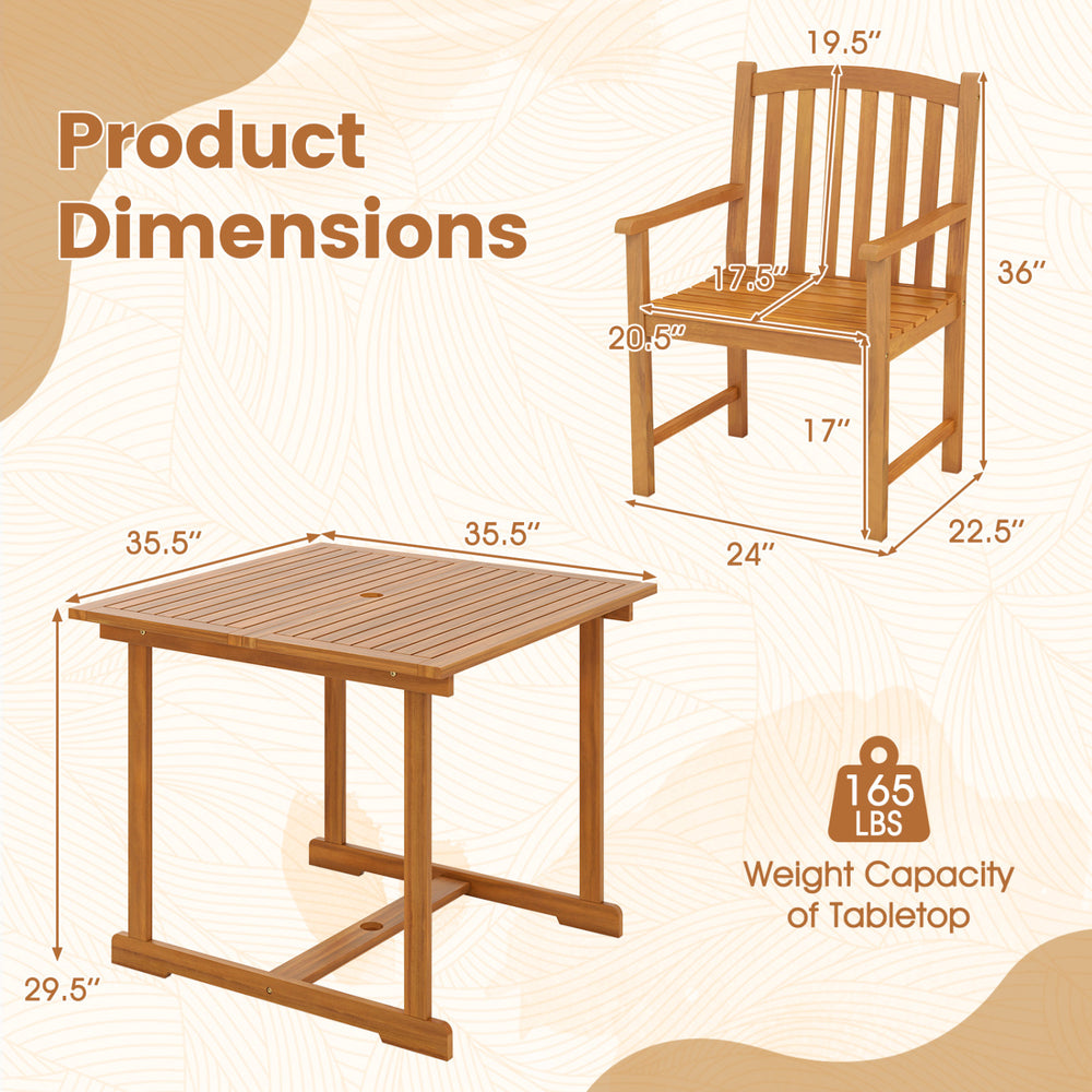 Square patio dining set featuring an acacia wood table and ergonomic armchairs, perfect for outdoor meals with friends.