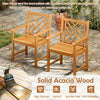 Two acacia wood armchairs with slatted seats and ergonomic backs, perfect for outdoor dining and relaxation.