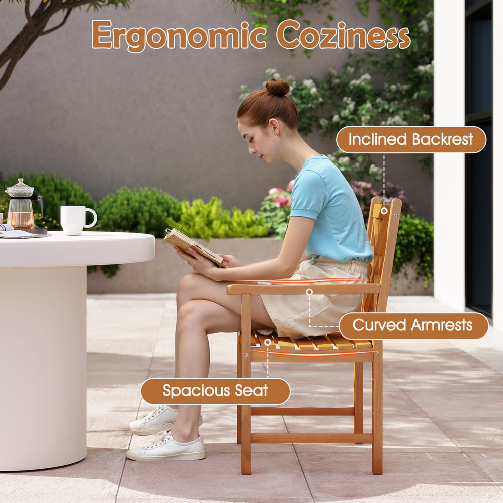 Ergonomic armchair with inclined backrest and curved armrests, made of durable acacia wood, ideal for outdoor dining.