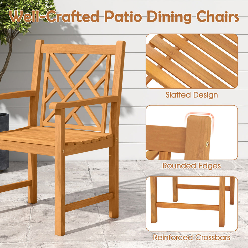Well-crafted acacia wood patio dining chair features a slatted design, rounded edges, and reinforced crossbars for stability.