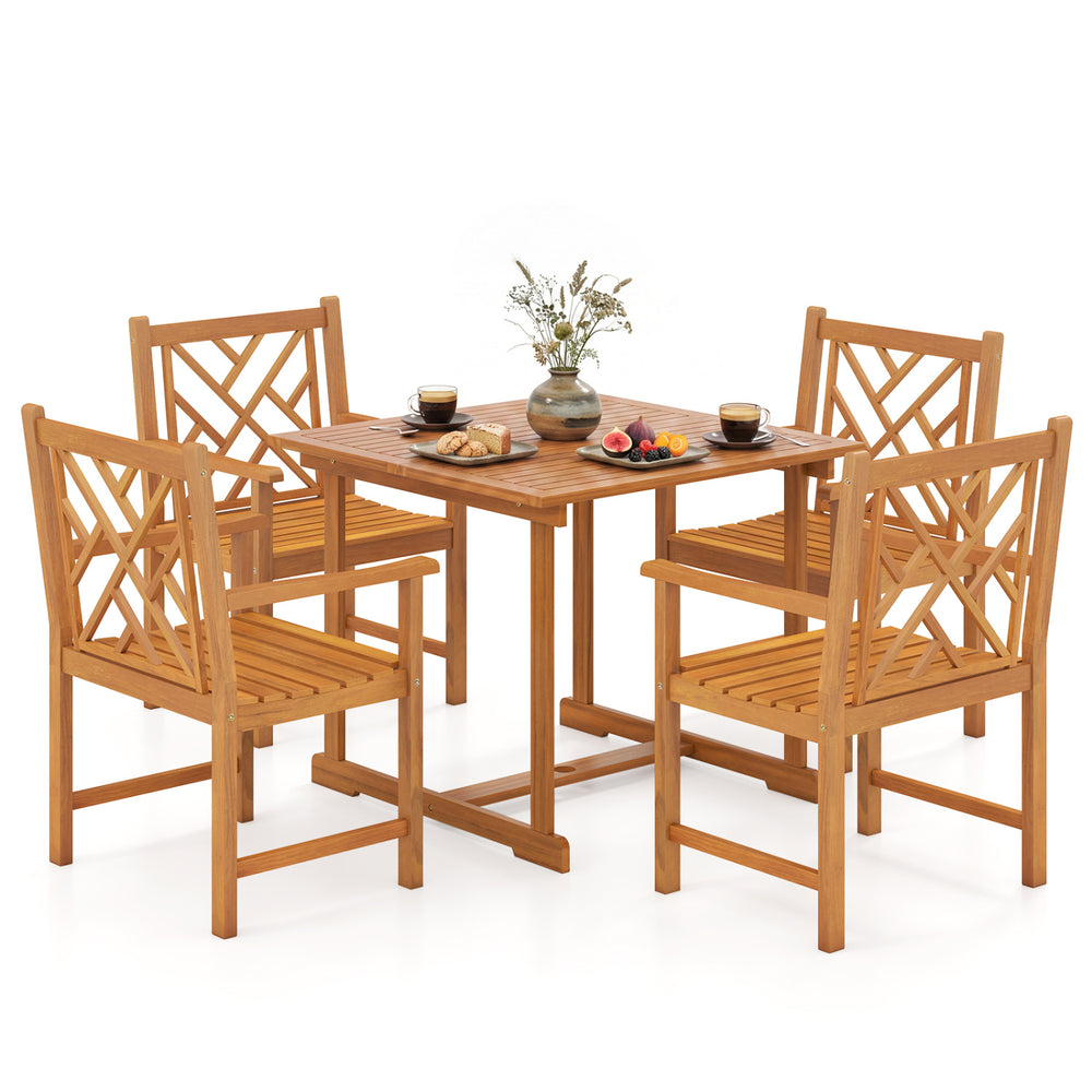 5-piece square patio dining set with acacia wood table and armchairs, perfect for outdoor meals in backyards or decks.