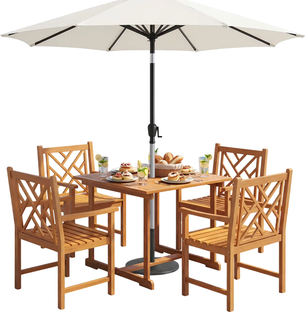 5-piece square patio dining set with acacia wood table and armchairs, ideal for outdoor meals in backyards or decks.