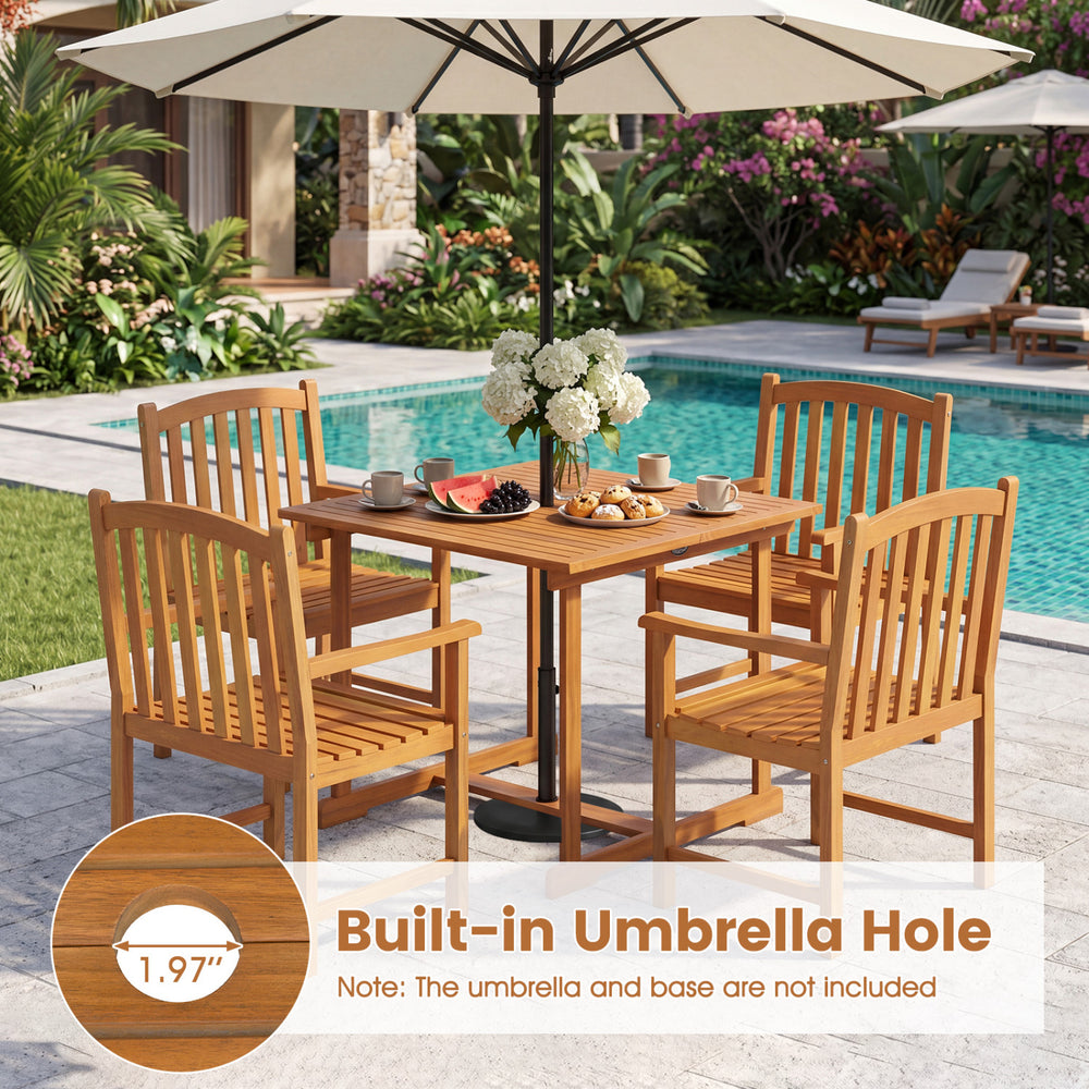 5-piece square patio dining set with acacia wood table and armchairs, featuring a built-in 1.97" umbrella hole for outdoor use.