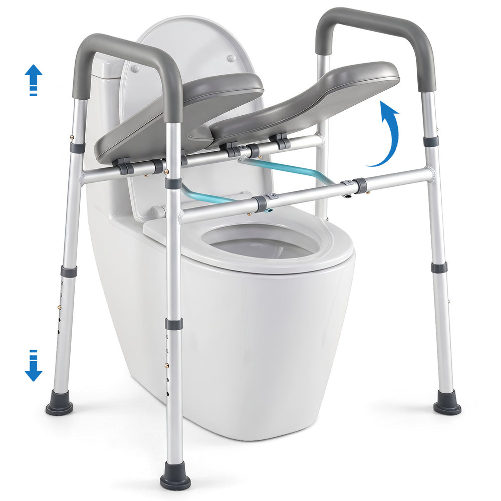 Heavy-duty raised toilet seat with non-slip handles supports up to 400 lbs, featuring adjustable height for user comfort.