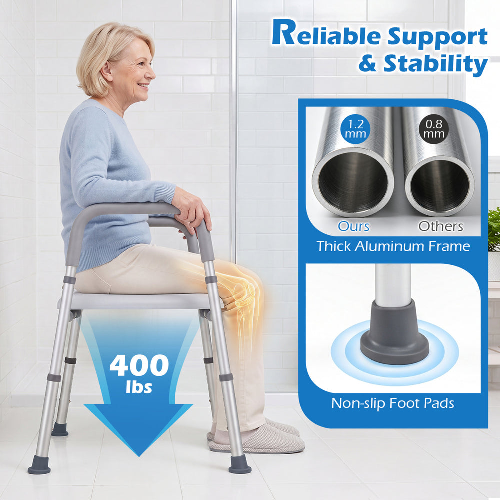 Heavy-duty raised toilet seat supports 400 lbs, featuring non-slip handles and a padded seat for comfort and stability.