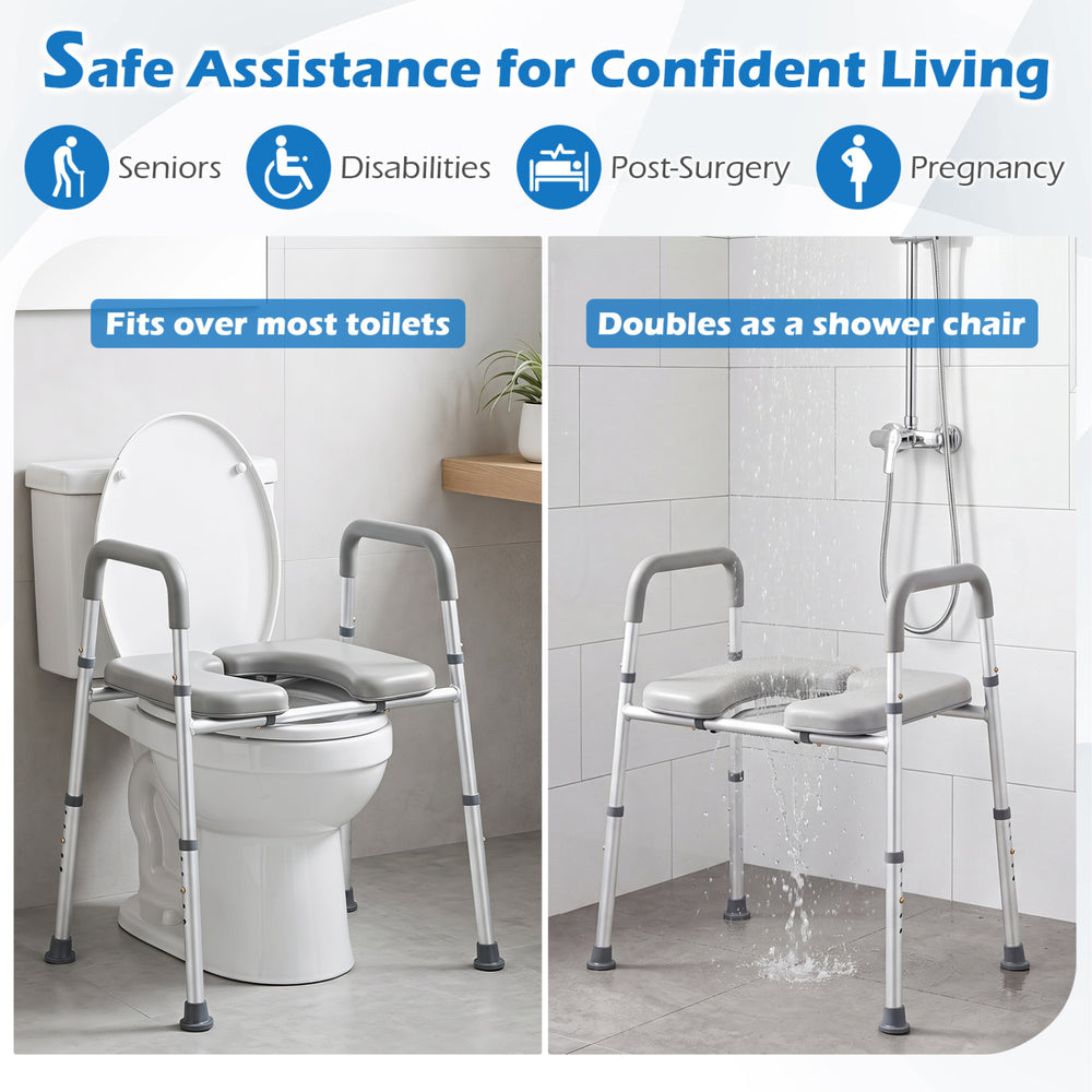 Heavy-duty raised toilet seat with non-slip handles, supporting up to 400 lbs, ideal for seniors and post-surgery use.