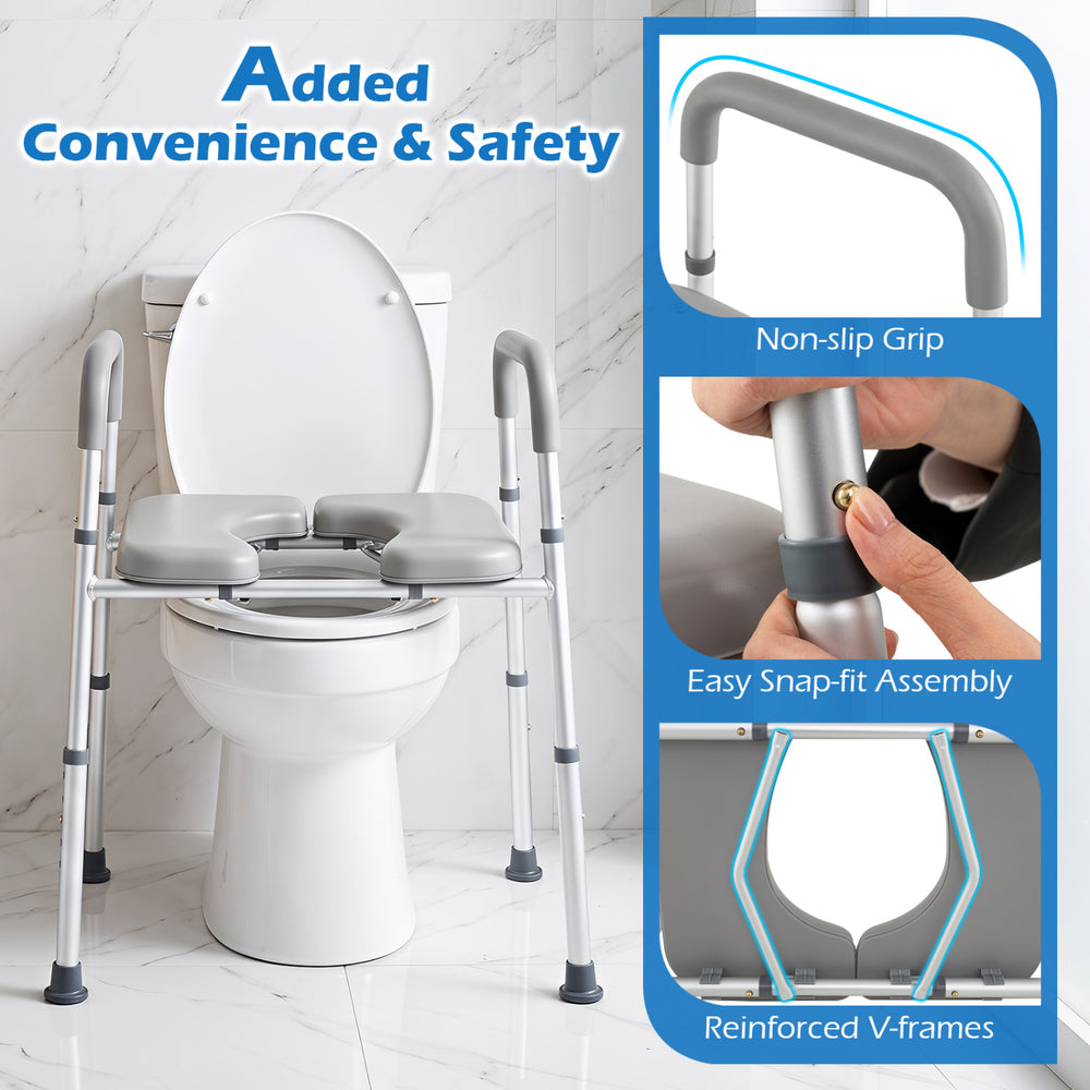 Heavy-duty raised toilet seat with non-slip handles, supporting up to 400 lbs for added safety and convenience.