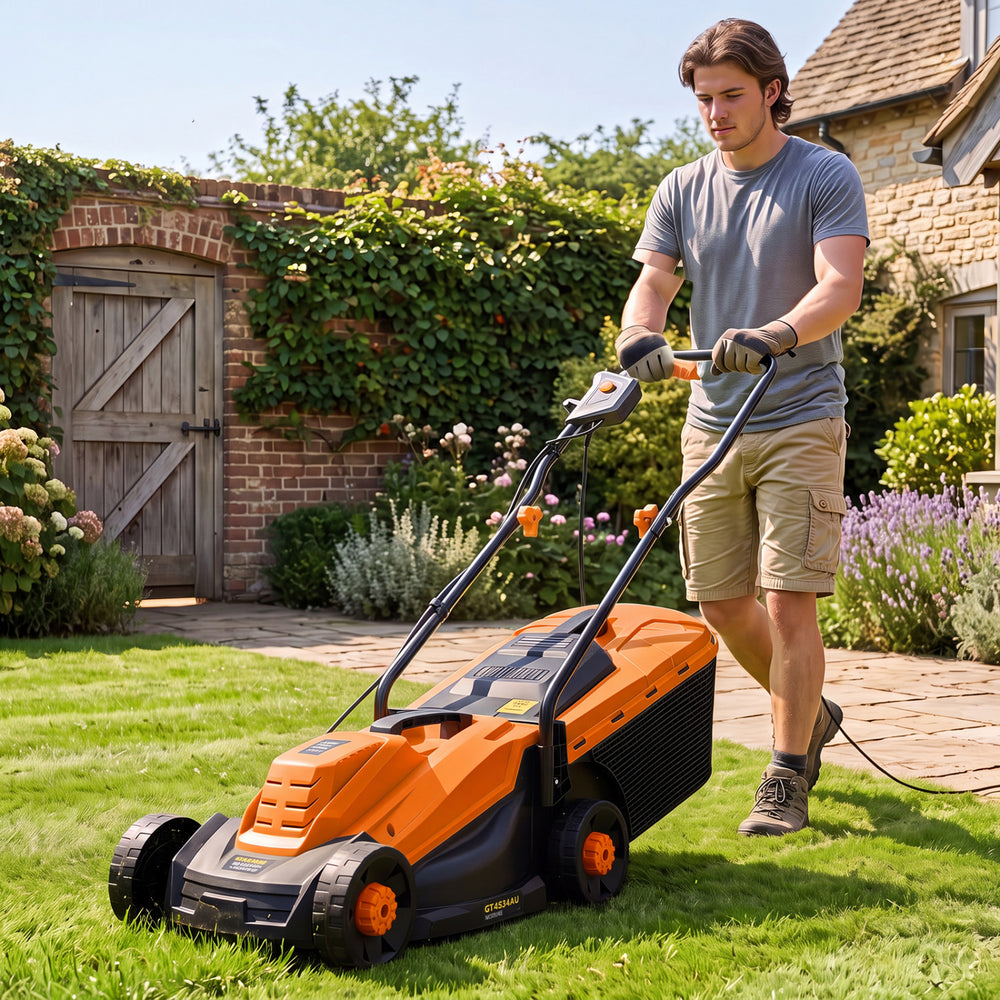Electric lawn mower with a 12-amp motor, 13-inch cutting deck, and 3-position height adjustment for efficient mowing.