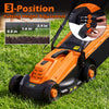 13-inch corded electric lawn mower in orange with 3-position height adjustment for efficient grass cutting.