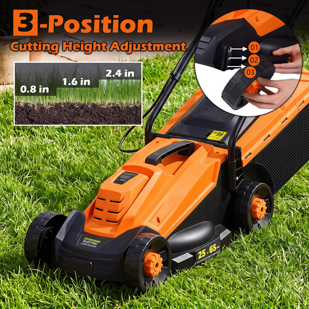 13-inch corded electric lawn mower in orange with 3-position height adjustment for efficient grass cutting.