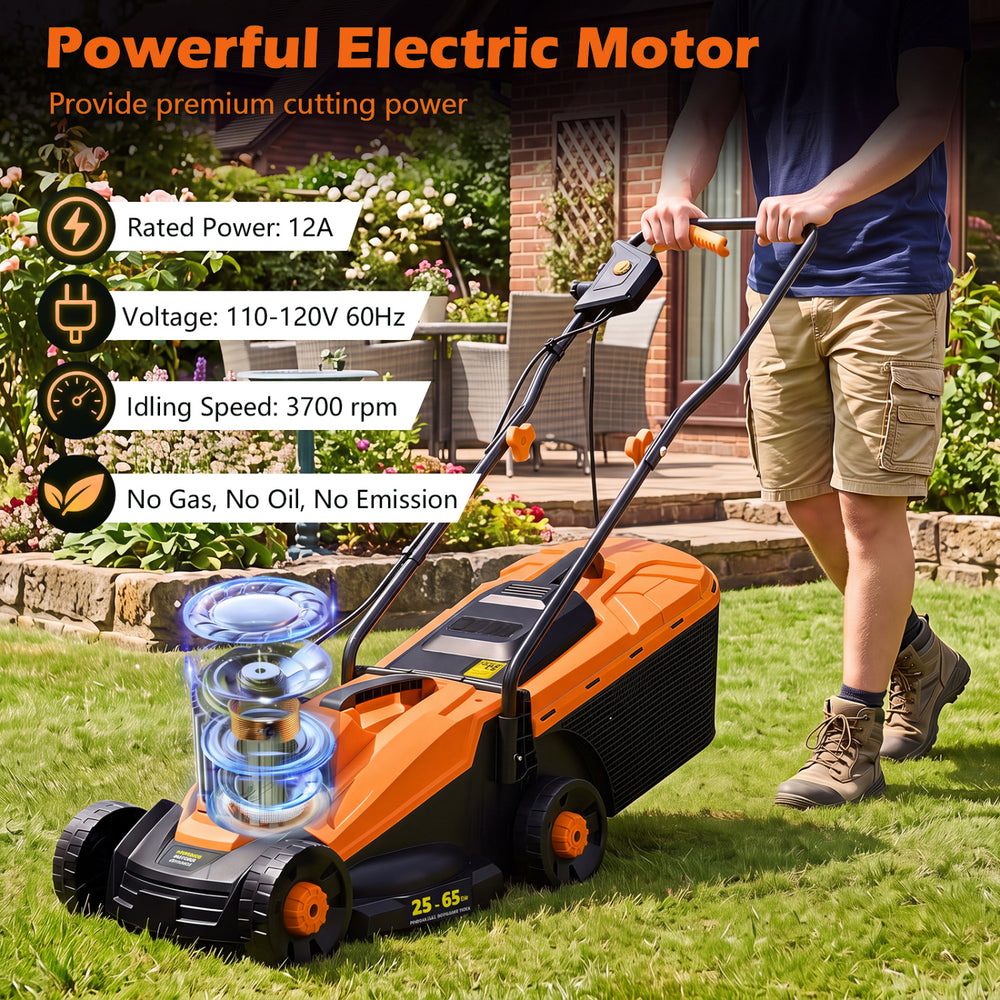 13-inch corded electric lawn mower with a 12-amp motor, 3700 rpm blade speed, and 3-position height adjustment for efficient mowing.