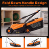 13-inch corded electric lawn mower with a fold-down handle design for easy storage in a garage or shed.