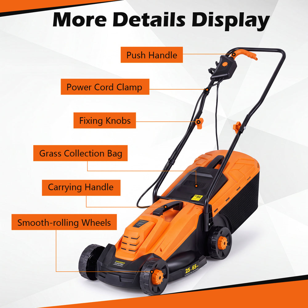Corded electric lawn mower with a 13-inch cutting deck, 12-amp motor, and smooth-rolling wheels for easy maneuvering.