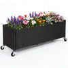 Raised garden bed planter box made of PE rattan with wheels, ideal for displaying flowers and plants on patios or balconies.