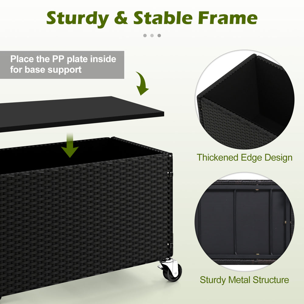 Raised garden bed with sturdy metal frame, PE rattan design, and wheels for easy outdoor plant cultivation.
