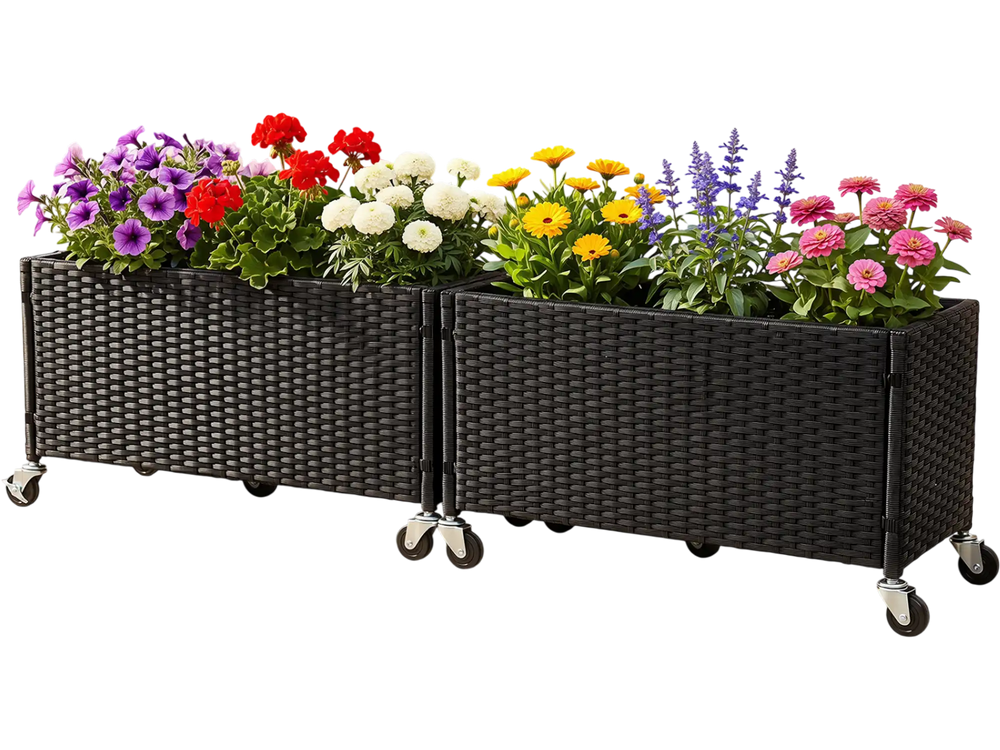 Set of 2 raised garden bed planter boxes made of PE rattan with wheels, ideal for outdoor patios and flower displays.