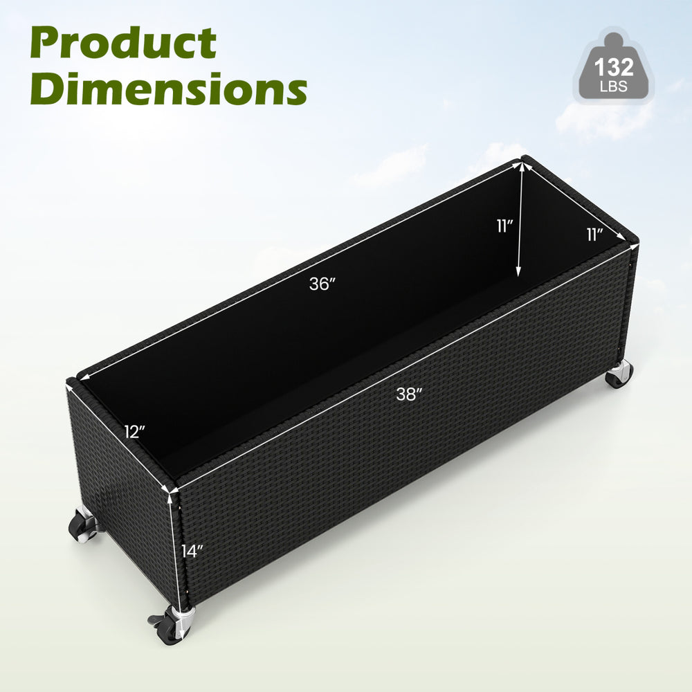 Dimensions of the raised garden bed planter box with wheels, crafted from durable PE rattan for outdoor use.