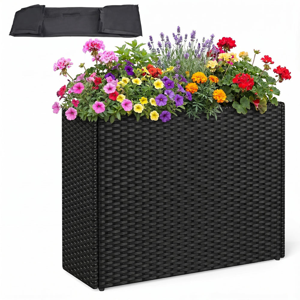 Tall raised garden bed made of weatherproof PE rattan, perfect for flowers and plants in indoor or outdoor spaces.