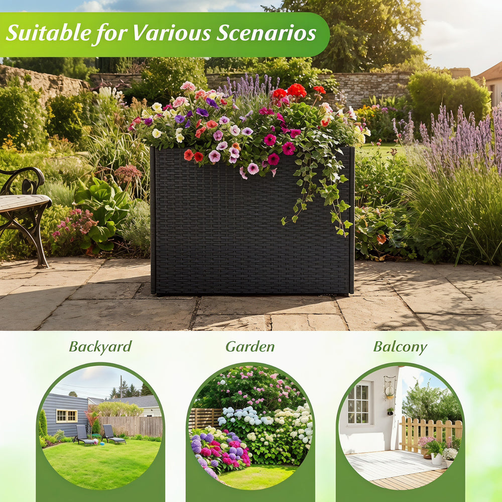 Tall raised garden bed made of weatherproof PE rattan, perfect for cultivating flowers and adding elegance to outdoor spaces.