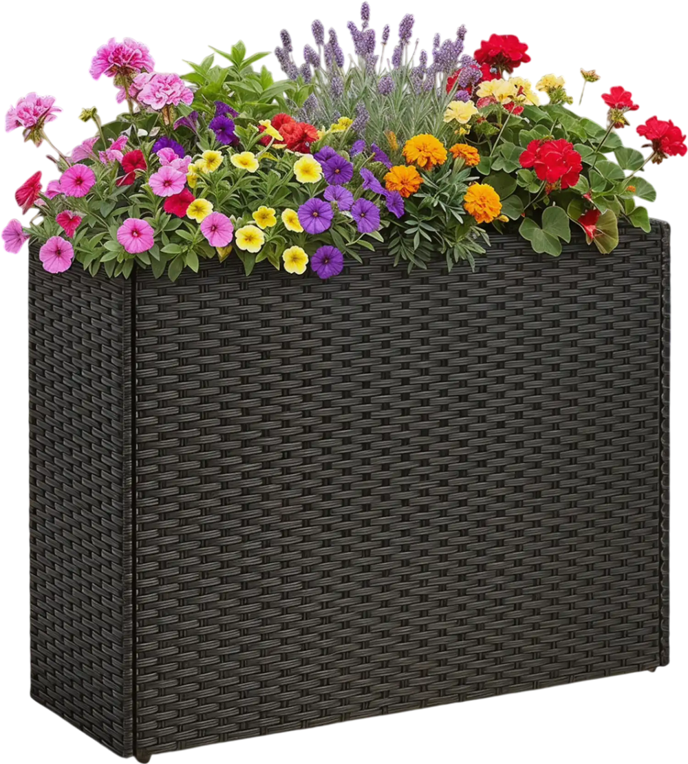 Tall raised garden bed made of weatherproof PE rattan, featuring vibrant flowers, ideal for outdoor patios and gardens.
