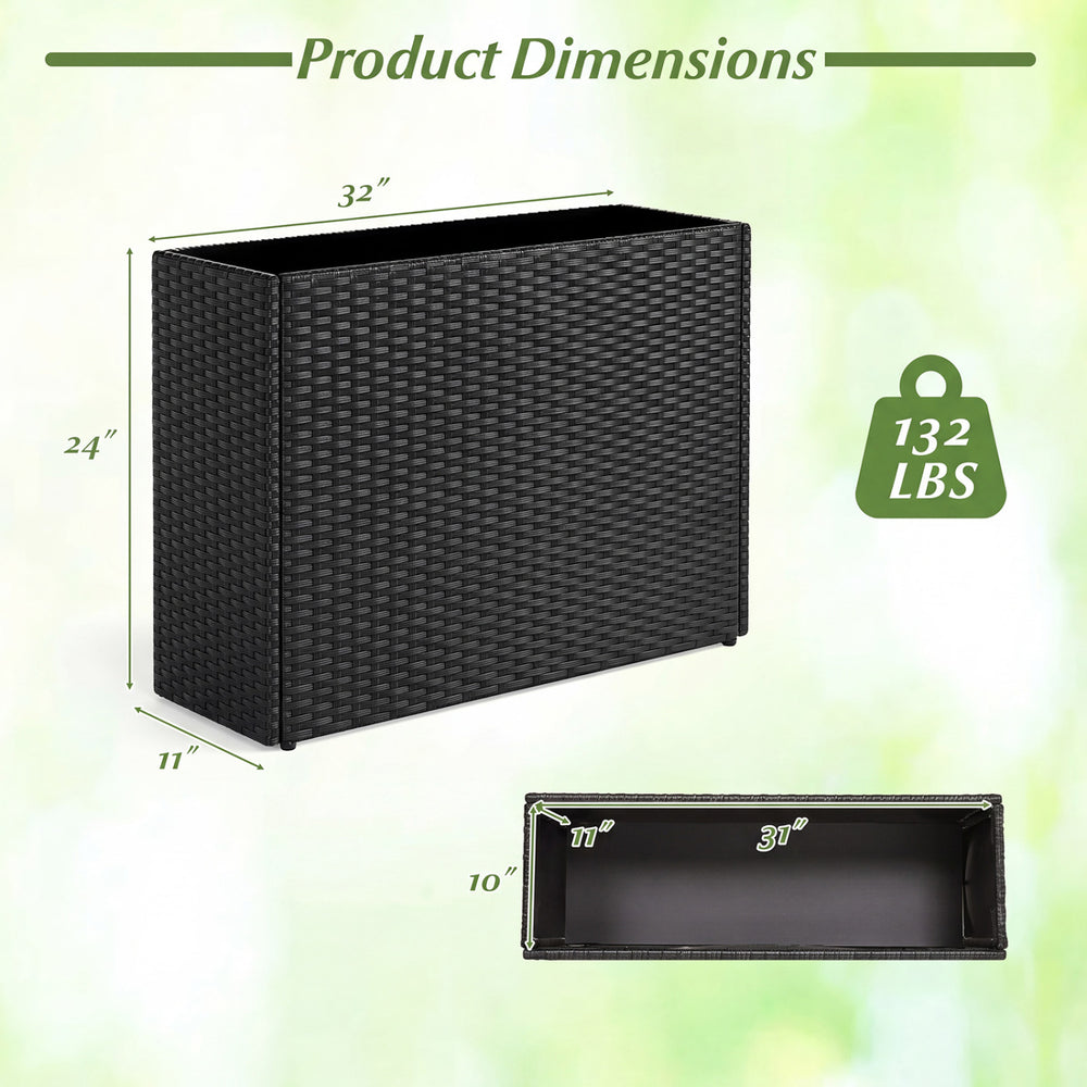 Raised garden bed made of weatherproof PE rattan, measuring 32" x 24" x 11", ideal for indoor and outdoor planting.