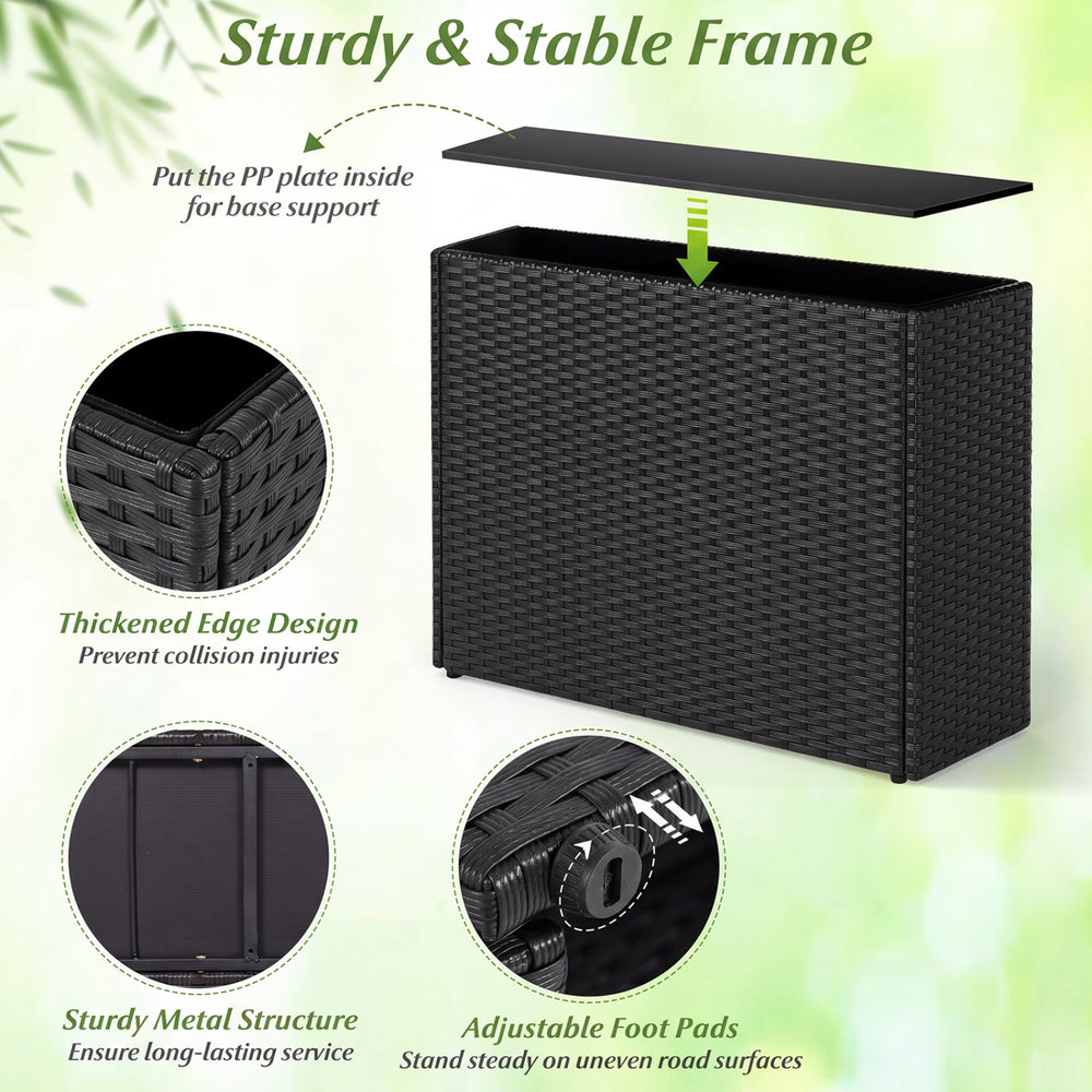Raised garden bed made of weatherproof PE rattan with sturdy metal frame, ideal for indoor and outdoor plant cultivation.