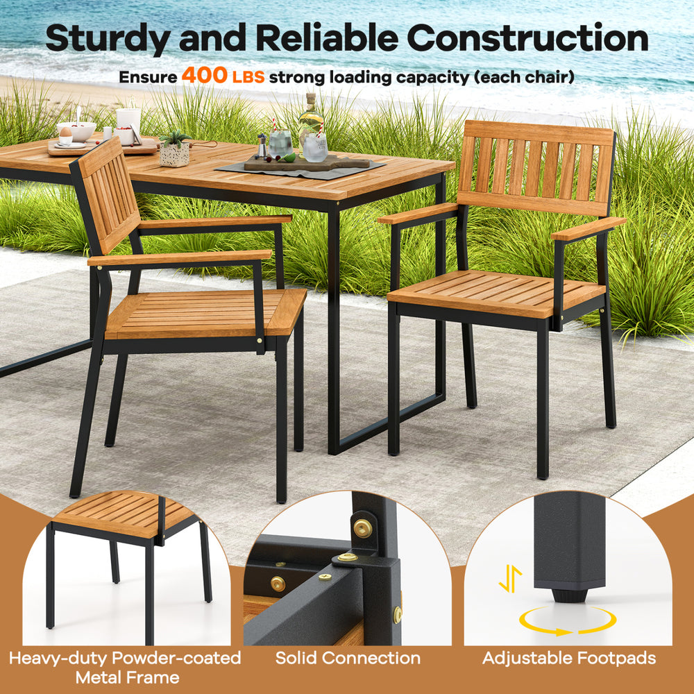 7-piece outdoor dining set featuring a spacious acacia table and sturdy armchairs with a 400 lbs capacity for patio gatherings.