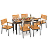 7-piece outdoor dining set features an acacia wood table and armchairs, perfect for patio gatherings with six guests.