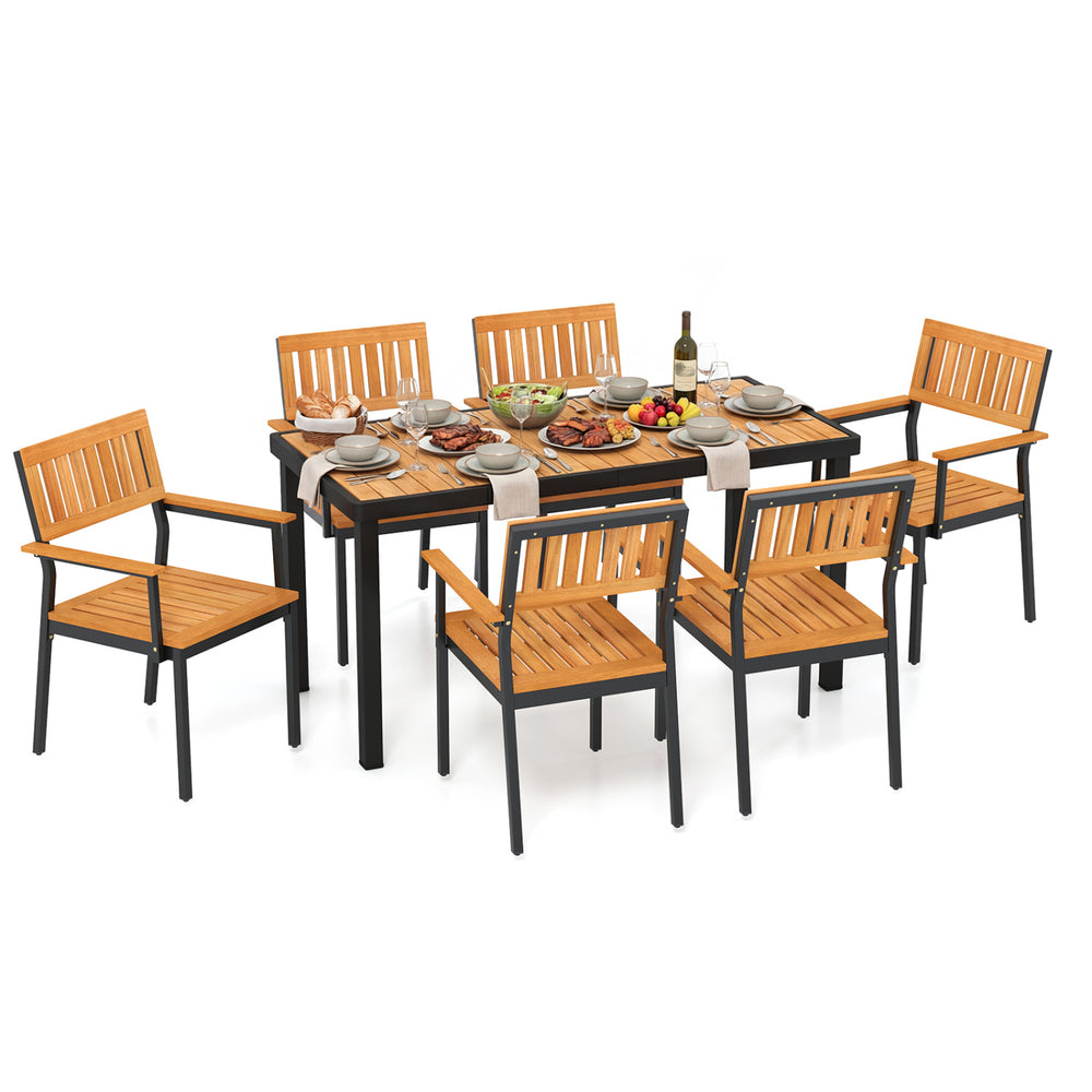 7-piece outdoor dining set features an acacia wood table and armchairs, perfect for patio gatherings with six guests.
