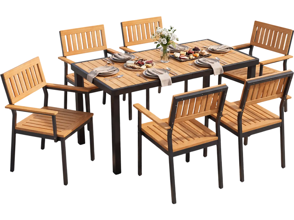 7-piece outdoor dining set featuring an acacia wood table and armchairs, perfect for patio gatherings with an umbrella hole.