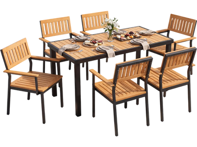 Costway 7-Piece Outdoor Patio Dining Set for 6 Acacia Table Armchairs Umbrella Hole 46009279 New