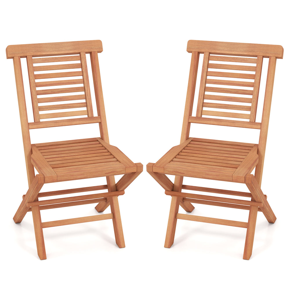 Teak wood folding patio chairs set of 2 with high backrest and X-support, perfect for backyard relaxation and easy storage.