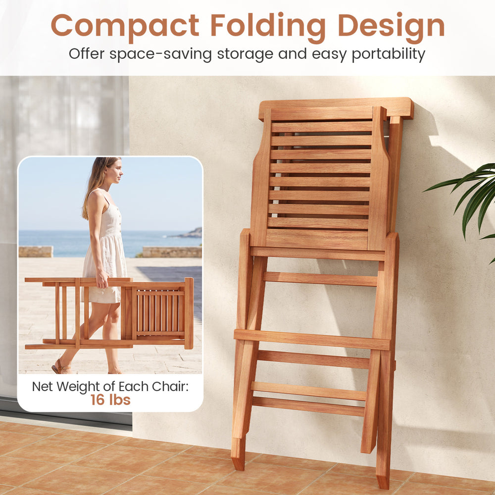 Teak wood folding patio chair with high backrest and X-support, designed for easy storage and portability for outdoor use.