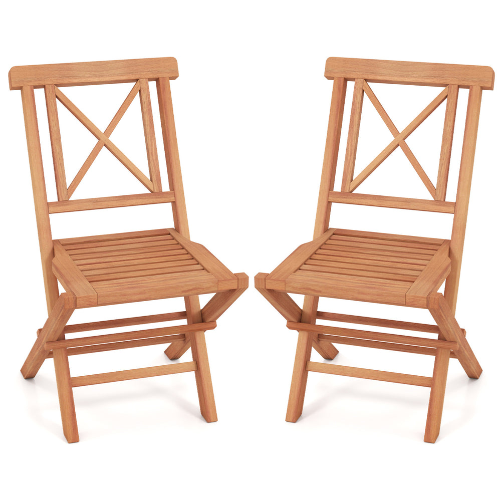 Teak wood folding patio chairs set of 2 with sturdy frame and comfortable high back for outdoor garden use.