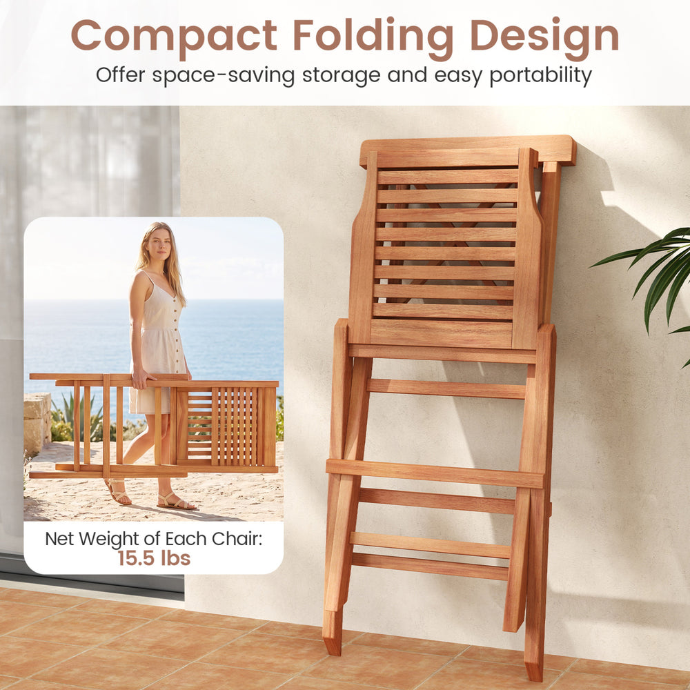 Teak wood folding patio chairs set of 2 features a compact design for easy storage and portability, perfect for outdoor use.