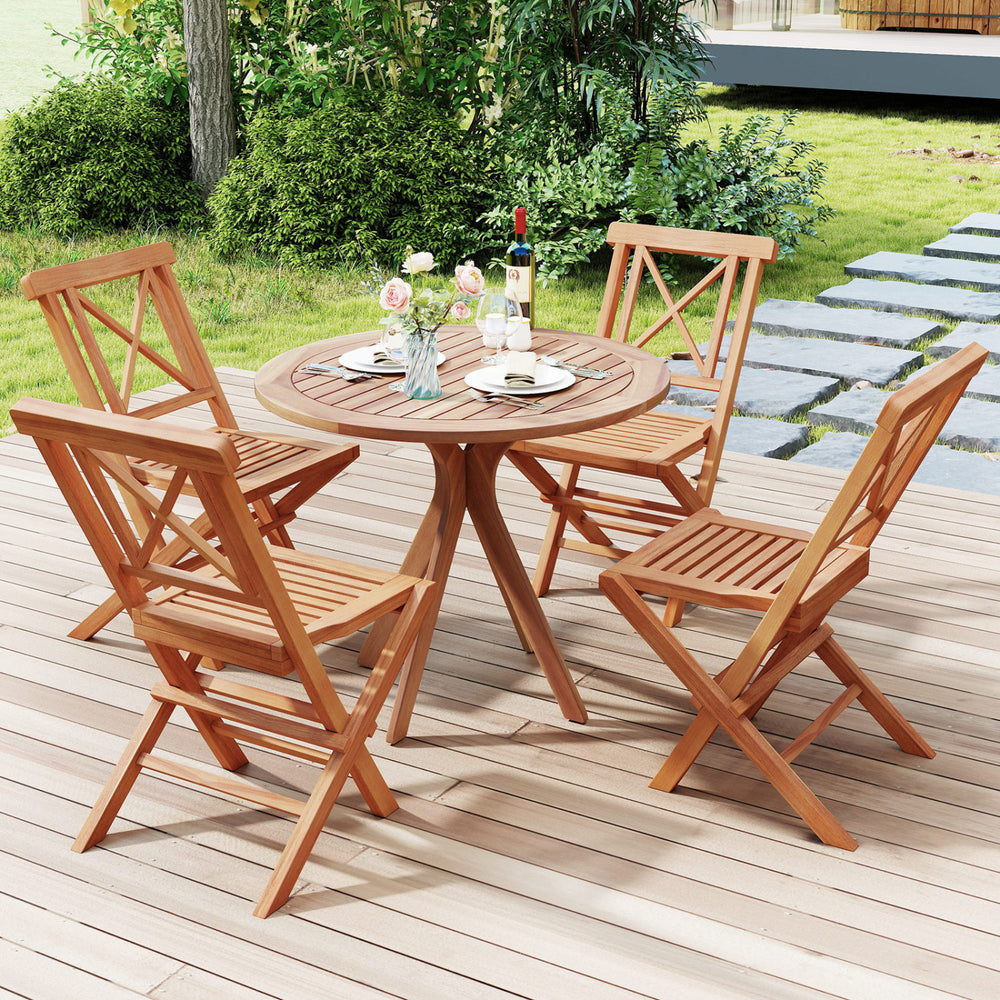 Teak wood folding patio chairs set of 2 with sturdy frame and comfortable high back for outdoor dining and relaxation.