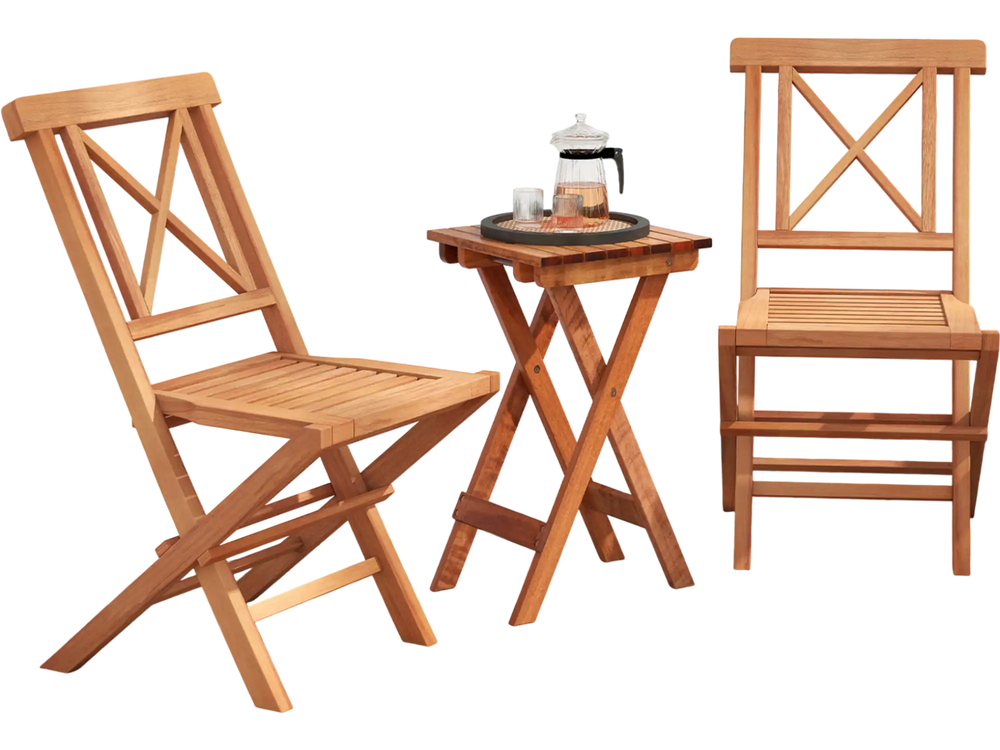 Teak wood folding patio chairs set of 2 with sturdy frame and comfortable high back, perfect for outdoor relaxation.
